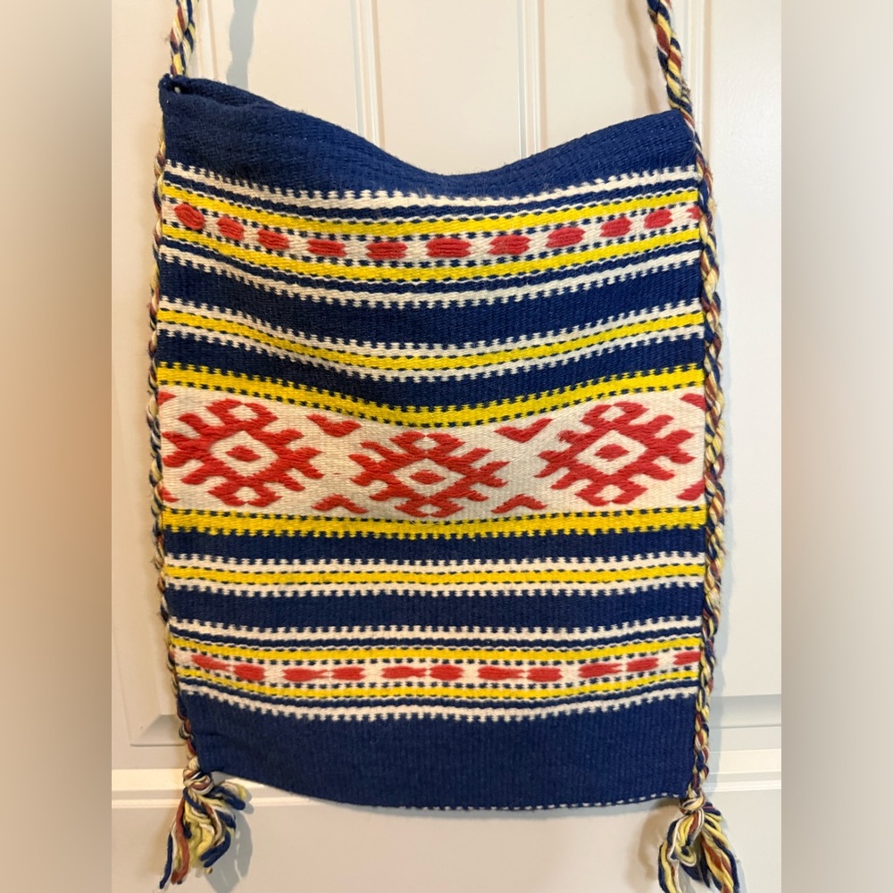 Blue Hand Woven Crossbody Bag with Pink Pattern Made in Greece